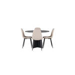 Bootcut eethoek tafel zwart en 4 Sanjos stoelen naturel.