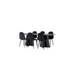 Bootcut eethoek tafel zwart en 4 Velvet stoelen grijs.
