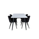 Jimmy150 eethoek eetkamertafel uitschuifbare tafel lengte cm 150 / 240 wit en 4 Polar eetkamerstal velours zwart.