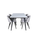 Jimmy150 eethoek eetkamertafel uitschuifbare tafel lengte cm 150 / 240 wit en 4 Velvet eetkamerstal lichtgrijs, zwart.