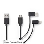3-in-1-Kabel | USB 2.0 | USB-A Male | Apple Lightning 8-Pins / USB Micro-B Male / USB-C Male | 480 Mbps | 1.00 m | Vernikkeld | Rond | PVC | Zwart