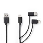 3-in-1 Sync and Charge-Kabel | USB-A Male - Micro B Male / Type-C Male / Apple Lightning 8-Pins Male | 1,0 m | Zwart