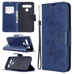 Voor LG K61 Two Butterflies Embossing Pattern Horizontale Flip Leather Case met Holder & Card Slot & Wallet & Lanyard(Donkerblauw)