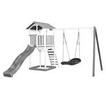 AXI Beach Tower Speeltoestel van hout in Grijs en Wit Speeltoren met zandbak, klimrek, nestschommel en grijze glijbaan
