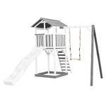 AXI Beach Tower Speeltoestel van hout in Grijs en Wit Speeltoren met zandbak, klimrek, schommel en blauwe glijbaan