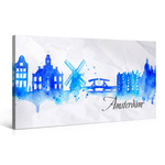 Schilderij - Nacht skyline centrum van Amsterdam, premium print, 3 maten , Multikleur