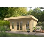 Tuindeco Max Blokhut 380x290 cm + luifel 70 cm 28 mm vuren blank- Zadeldak- Onbehandeld vurenhout- Tuindeco