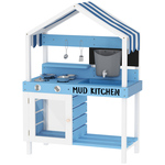 AIYAPLAY Buitenkeuken Speelset voor Kinderen met Zonnedak, Kookgerei Set, Massief Hout, Blauw