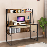 Bureau met Plank Computertafel van Hout met Metalen Frame en Verstelbare Voetpads Werktafel met Open Boekenkast (Natuur)