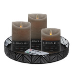 LED kaarsen - 3x st - grijs - met zwart rond dienblad 29,5 cm