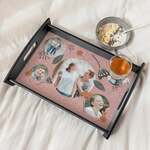 LED kaarsen - 3x st - wit - met zwart rond dienblad 22 cm