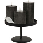 LED kaarsen - 3x st - zwart - met zwart rond dienblad 22 cm