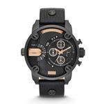 Diesel DZ4344 Horloge Mega Chief Chrono staal-leder zwart-goudkleurig 51 mm