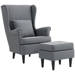 HOMCOM Oorfauteuil met Voetenbank, Gestoffeerde Fauteuil met Rubberhouten Poten, Stofbekleding, Grijs