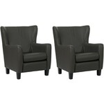Set van 2 Bruine leren landelijke oorfauteuils Hug - poot hout zwart - Kenia Leer Brown (bruin leer)