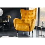 Retro design fauteuil DON mosterdgeel fluweel veerkern zilveren voetdoppen - 42640