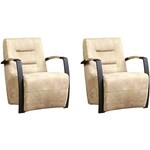 Set van 2 Taupe leren landelijke fauteuils Joy - poot hout bruin - Kenia Leer Taupe (taupe leer)