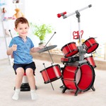 Kinderdrumset met Toetsenbord en Kruk Jazz-Drums met Microfoon Muziekstandaard Multifunctioneel Toetsenbord Muziekinstrument Rood
