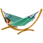 Eenpersoons hangmat met houten standaard - 300x140cm - Groen - 120kg draagkracht- 100% katoen - binnen & buiten