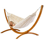 Tweepersoons hangmat met houten standaard - 350x160cm -Roze - 160kg draagkracht- 100% katoen - binnen & buiten