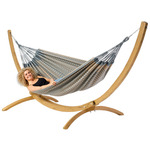 Tweepersoons hangmat met houten standaard - 350x160cm -Bruin - 160kg draagkracht- 100% katoen - binnen & buiten