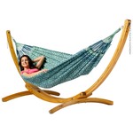 Tweepersoons hangmat met houten standaard - 350x160cm - Zwart - 160kg draagkracht- 100% katoen - binnen & buiten