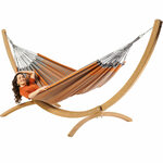 Eenpersoons hangmat met houten standaard - 300x140cm - Blauw - 120kg draagkracht- 100% katoen - binnen & buiten