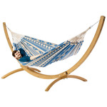Eenpersoons hangmat met houten standaard - 300x140cm - Groen - 120kg draagkracht- 100% katoen - binnen & buiten