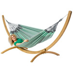 Familie hangmat met houten standaard - 400x180cm - Groen - 200kg draagkracht- 100% katoen - binnen & buiten