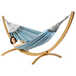 Tweepersoons hangmat met houten standaard - 350x160cm -Geel - 160kg draagkracht- 100% katoen - binnen & buiten