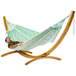 Tweepersoons hangmat met houten standaard - 350x160cm -Blauw - 160kg draagkracht- 100% katoen - binnen & buiten