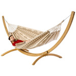 Tweepersoons hangmat met houten standaard - 350x160cm - Bruin - 160kg draagkracht- 100% katoen - binnen & buiten