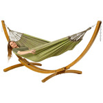 Eenpersoons hangmat met houten standaard - 300x140cm - Groen - 120kg draagkracht- 100% katoen - binnen & buiten