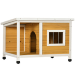 PawHut hondenhok met veranda, stevig en weerbestendig, scharnierend dak, verstelbare poten, natuurlijk hout, 85,5 x 62 x 60 cm, oranje | Aosom.nl