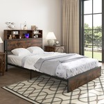 Tweepersoonsbedframe 200 x 140 cm met Laadstation Stevig Metalen Platformbed met Hoofdbord met Opbergruimte Lattenbodem Bruin