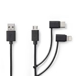 Nedis CCGL60620BK10 3-in-1-kabel Usb 2.0 Usb-a Male Apple Lightning 8-pins / Usb Micro-b Male / Usb-c? Male 480 Mbps 1.00 M Vernikkeld Rond Pvc Zwart Label