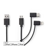3-in-1 Sync and Charge-Kabel | USB-A Male - Micro B Male / Type-C Male / Apple Lightning 8-Pins Male | 1,0 m | Zwart