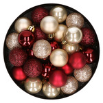 28x stuks kleine kunststof kerstballen donkerrood en champagne 3 cm