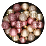28x stuks kleine kunststof kerstballen champagne en oudroze 3 cm