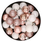 28x stuks kleine kunststof kerstballen wit en bordeaux rood 3 cm