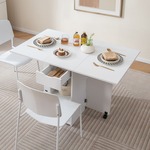 Opklapbare Bijzettafel met 2 Wielen Consoletafel met Kleppen Opklapbare Tafel met Opbergsteun en Lade met 2 Niveaus Wit/Natuurlijk