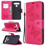 Voor LG K61 Two Butterflies Embossing Pattern Horizontale Flip Leather Case met Holder & Card Slot & Wallet & Lanyard(Donkerblauw)