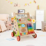 Houten Babyloopwagen Duwwagen met Handvat Leerzame Activiteitenloopwagen Zit-Sta Montessori Loopspeeltje voor Kinderen 3+