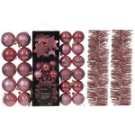 34x stuks kunststof kerstballen donkerblauw en oudroze 3 cm
