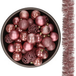 Kleine kerstballen - 28x st - oudroze en ijsblauw - 3 cm - kunststof