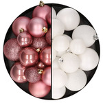 12x stuks kunststof kerstballen mix van oudroze en zwart 8 cm