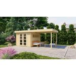 Tuindeco Sachsen Blokhut 600x500 cm 44 mm vuren blank- Zadeldak- Onbehandeld vurenhout- Tuindeco