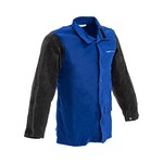 Katoensatijn / rundsplitlederen lasjas - maat XL - zwart / blauw