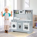 Kinderkeuken met Realistisch Licht en Geluid Houten Speelkeuken met Magnetron Incl. Speeltoebehoren Grijs 76 x 28 x 80 cm