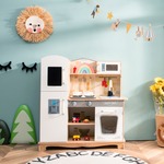 2 in 1 Modderkeuken Dubbelzijdig Houten Speelkeuken en Eetrek met Fornuis Gootsteen Waterbak Kraan en Keukengerei